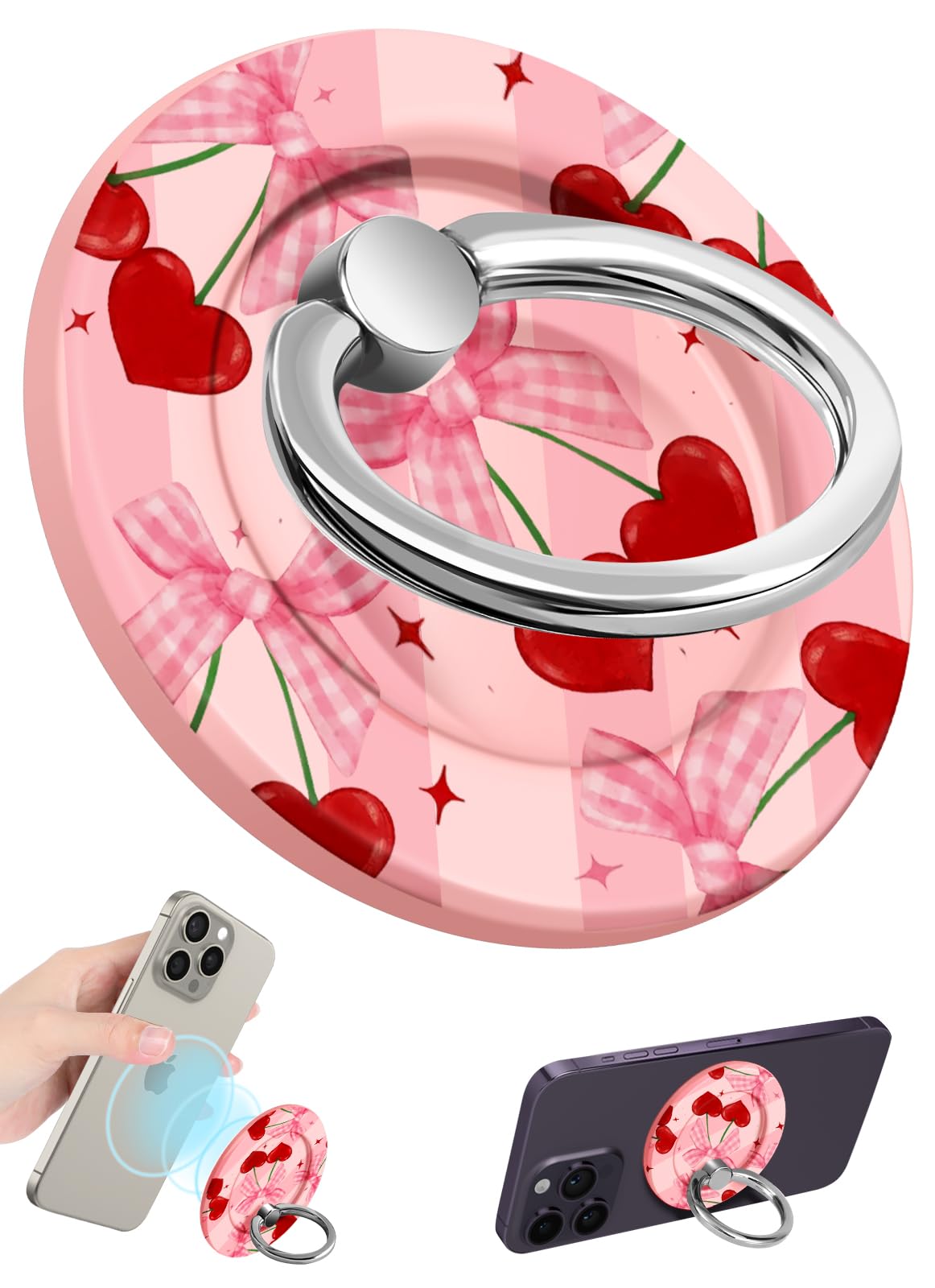 Photo 1 of Lotadilo for Magnetic Phone Ring Holder Compatible with MagSafe for Women Girls - Cute PK Cherry Design Magnet Phone Grip Ring Stand Kickstand for iPhone 17/16 Pro Max/16 Pro/16/15/14/13/12 Series
