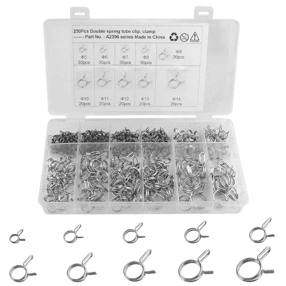 WMYCONGCONG 250 PCS Double Wire Fuel Line Hose Tube Spring Clips Clamp Assortment Kit for Motorcycle ATV, 5-14mm