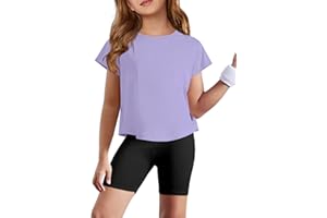 ZDC Girls Athletic Yoga Shirts Summer Short Sleeve Quick Dry Crop Tops Basic Gym Tees 5-14 Years