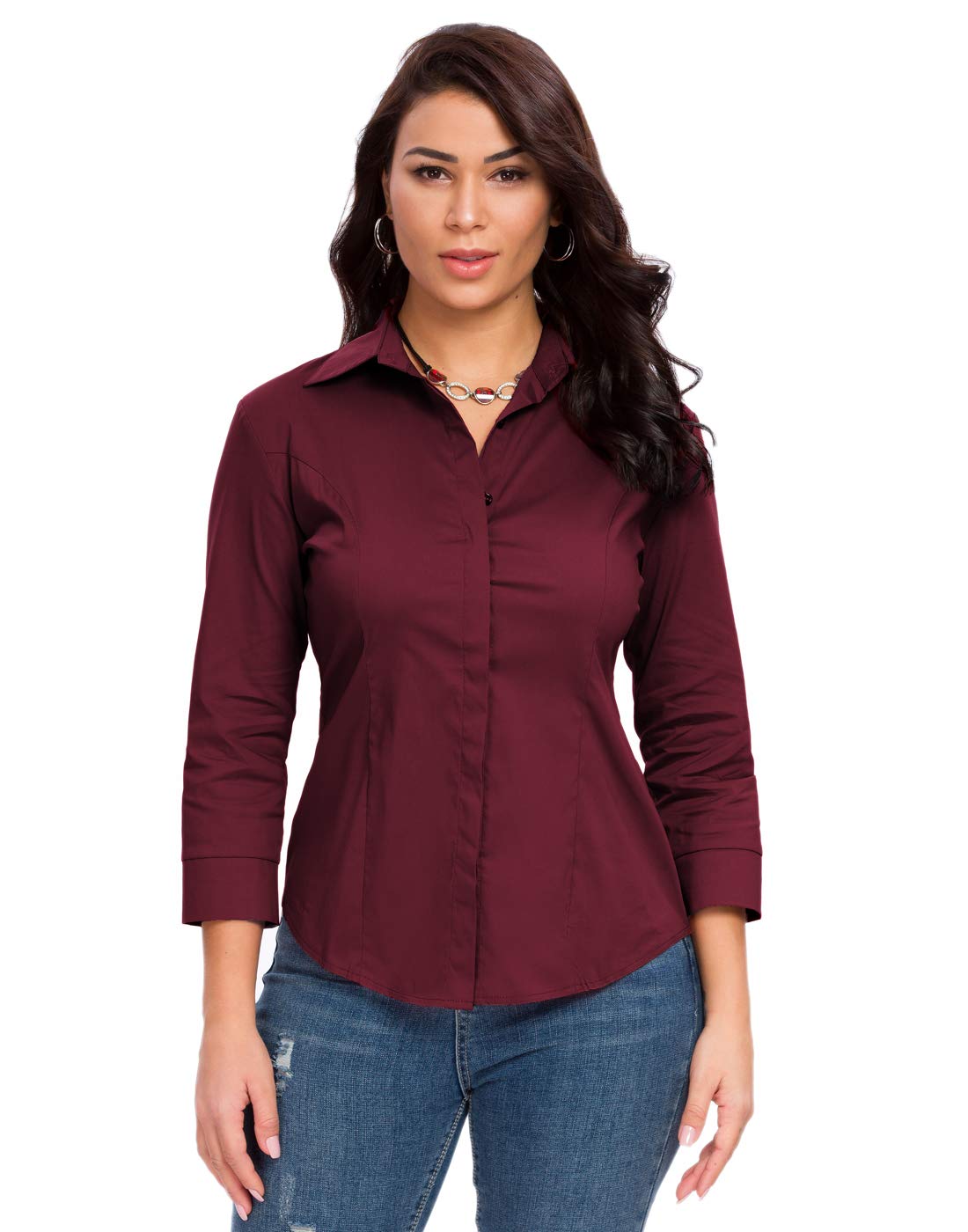 Photo 1 of Womens Button Down Shirts Official Formal 3/4 Sleeve White Stretch Blouse Summer Dress Shirt SMALL