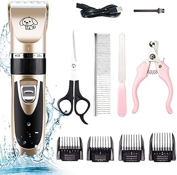 xianrui 11点セット ペット用バリカン 犬 猫 バリカン 2019最新 ヘアカット 充電式 5段階調節可能 家庭用 業務用 水洗い可 取り外し可 プロ仕様 ヘアクリッパー ゴールド 11点