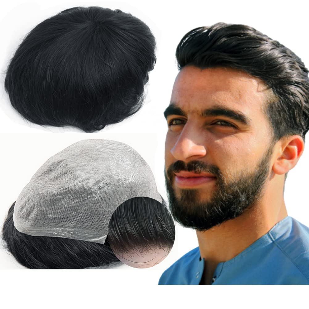 Toupee for Men Yanahair Straight Hair Pieces Mens Toupee Replacement System 100% European Real Human Hairpieces Hair System 0.04mm Soft Thin Skin PU V-loop (#1 Jet Black, 8x10")