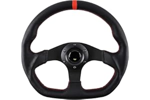 QYMOPAY 13 inch 6 hole Racing Steering Wheel 3 Aluminum Spoke with Horn Button, Red Stitched Leather Black Flat Bottom Steering Wheel (Red Stripe)