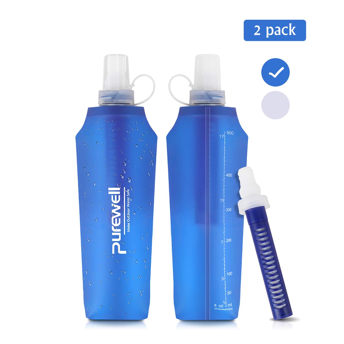 Purewell Soft TPU Collapsible Water Bottle Filter Container BPA Free Outdoor Filtered Water Bag for Sport Camping and Hiking