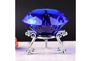 F-ber 60mm (2.36") K9 Crystal Faceted Cut Glass Giant Diamond Paperweight w/Silver Base Stand, Wedding Favor Home Decor Multi Colors (Blue)