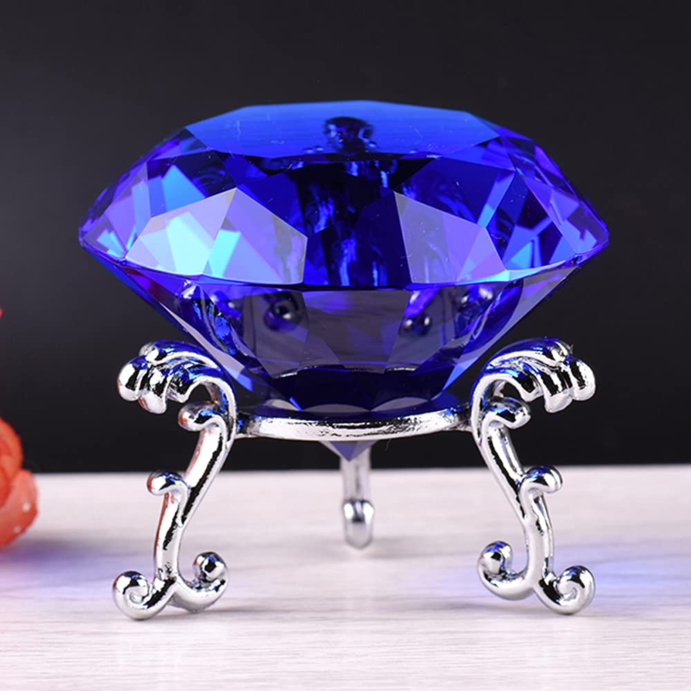 F-ber 60mm (2.36") K9 Crystal Faceted Cut Glass Giant Diamond Paperweight w/Silver Base Stand, Wedding Favor Home Decor Multi Colors (Blue)