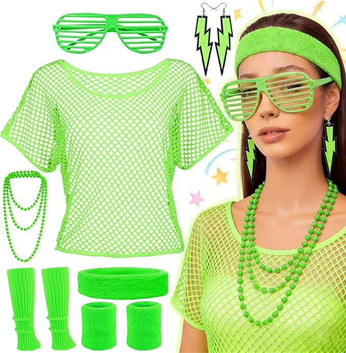 90s 80s Fancy Dress for Women 80s Mesh Top Fishnet 80s Neon Accessories Headband Leg Warmer for Women 80s Neon Clothes Costume 90s 80s Party Outfit Disco t Shirts for Girls Night Hen Do (Green)