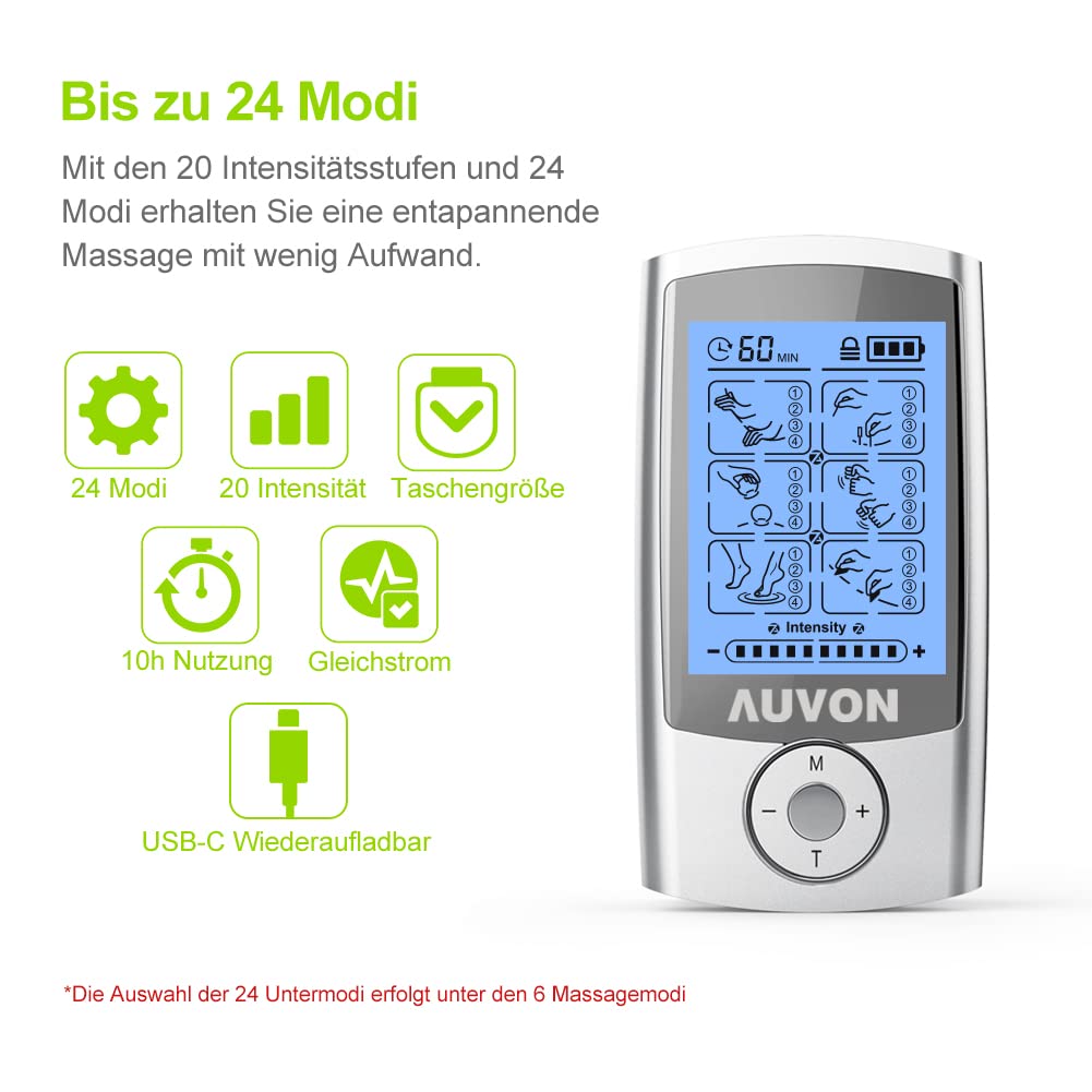 Auvon Tens Device, Rechargeable Stimulation Device for Pain with 24 Training Programmes, 2 Channels and 10 Pieces 2 x 2 Inch Premium Electrode Pads with Patented Design