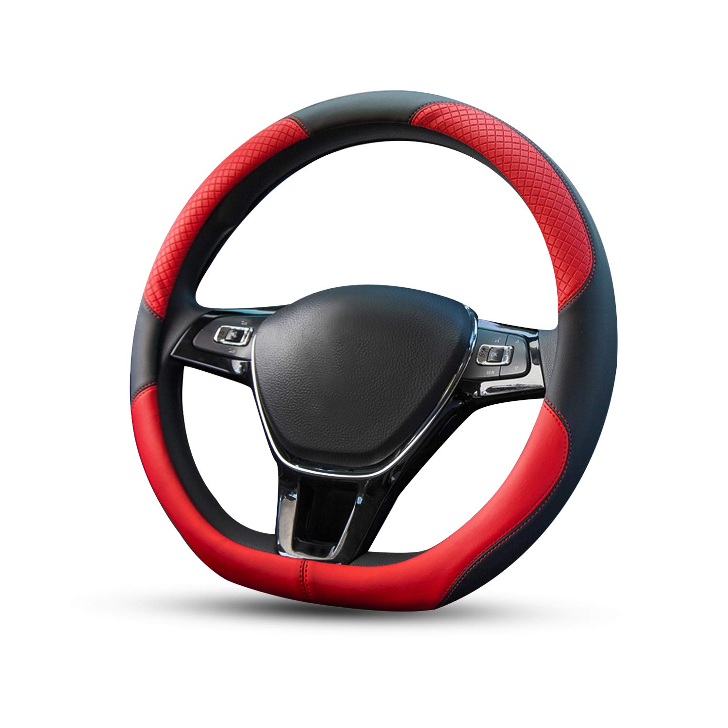 Ergocar Sport D-shape Car Steering Wheel Cover Non-slip Car Steering Wheel Protector Microfiber Breathable PU Leather Universal For D-type Diameter 38cm(15") (Red)