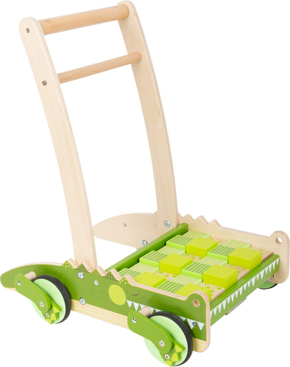 Small Foot 11738 Crocodile Baby Walker made of wood with brake system & building blocks, for kids aged 12+ months