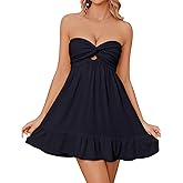 HOCANDY Womens Strapless Mini Dress Twist Knot Front Cut Out Babydoll Dress Smocked Backless Ruffle Hem Tube Dresses