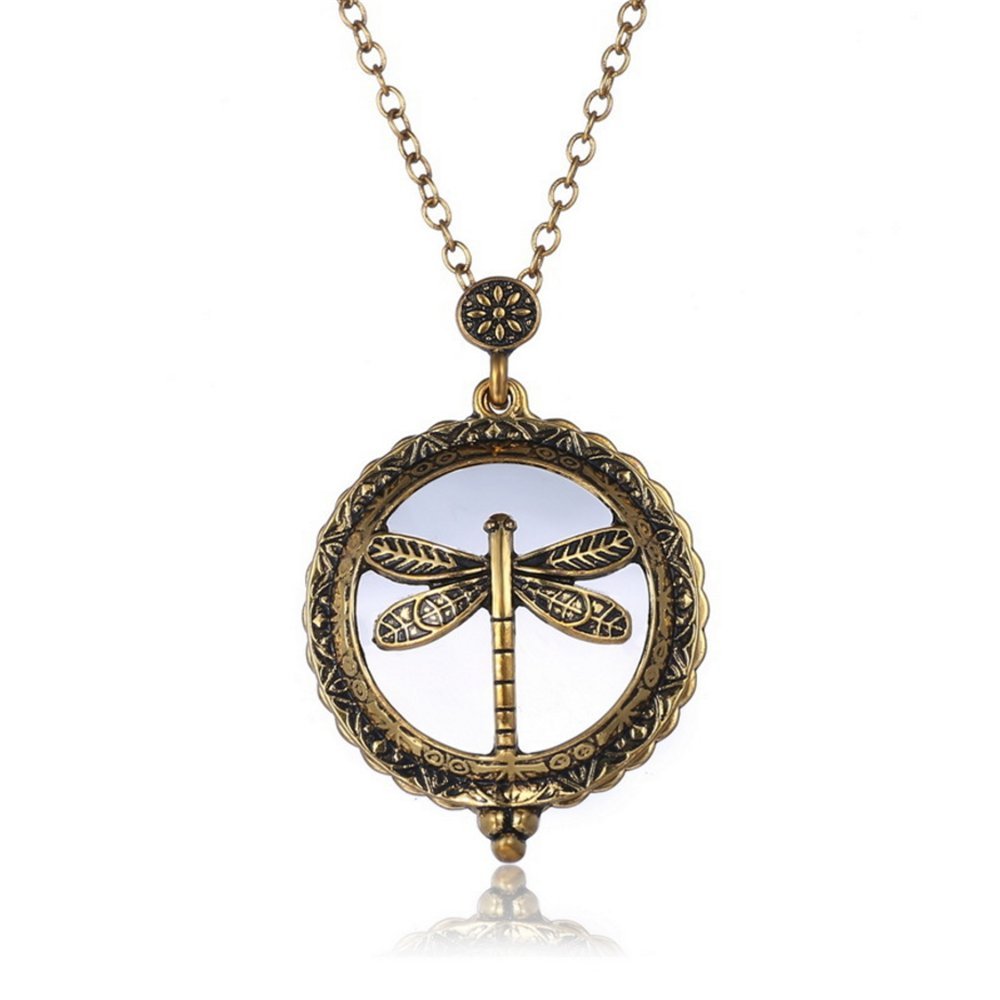 PMTIER Womens Vintage Glass Magnifier Pendant Necklace Sliding Top Sweater Chain 24.8, Dragonfly