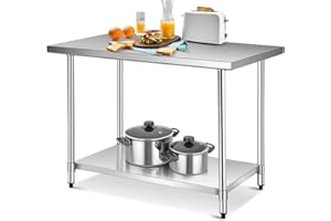WATERJOY 48" x 30" Stainless Steel Table with Adjustable Shelf for Prep & Workstations Commercial Heavy Duty worktables