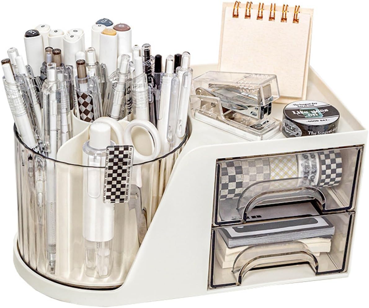 WITERY 360° Rotating Makeup Organiser, Large Capacity Pen Holder, Desk Tidy Organiser With Pen Holder and 2 Drawers for Vanity Office School