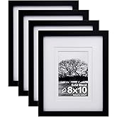 Egofine 8x10 Picture Frames Set of 4, Made of Solid Wood Covered by Plexiglass 4x6 and 5x7 with Mat or 8x10 without Mat, for Table Top Display and Wall Mounting Photo Frame Black