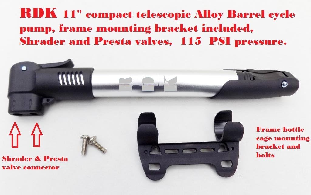 RDK PRO Mini Bike Pump, 115 PSI Capacity, Presta and Schrader Valve, Aluminum Alloy Barrel, Lightweight and Portable for Road, Mountain Bikes, BMX Bicycles etc