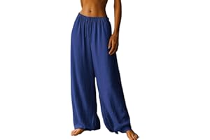 Women's Wide Leg Linen Pants High Waist Trousers Summer Palazzo Lounge Pants Loose Casual Flowy Trousers for Beach