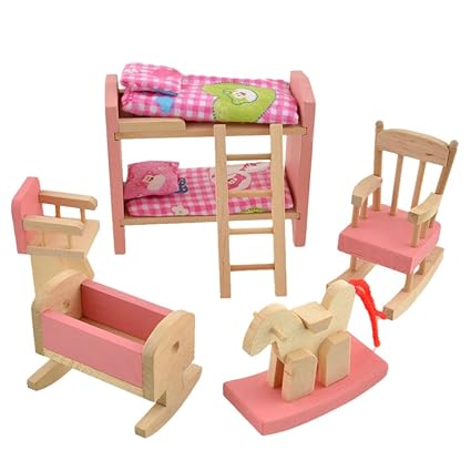 Innersetting Wooden Doll Bathroom Furniture Dollhouse Miniature for Kids Toy (Beds)