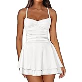 IWD Women's Spaghetti Strap Mini Dress Ruched Corset Tiered Ruffle Hem Sexy Backless Party Club A Line Short Dresses