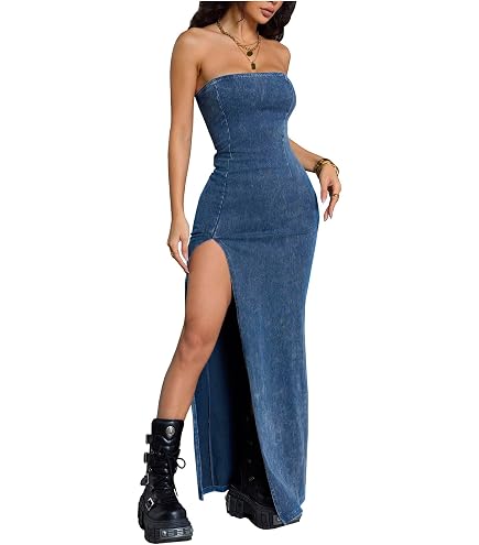MakeMeChic Women's Denim Dress Tube Sleeveless A Line High Split Dress