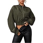 Verdusa Women's Cropped Bomber Lightweight Jacket Long Sleeve Zip Up Outerwear