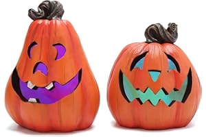 Hodao 2 Set of Orange Pumpkin Figurines Halloween Pumpkin Decor with Lights Resin Pumpkin Monster Figurines Fall Decorations for Home Halloween Wacky Handmade Pumpkin Figurines