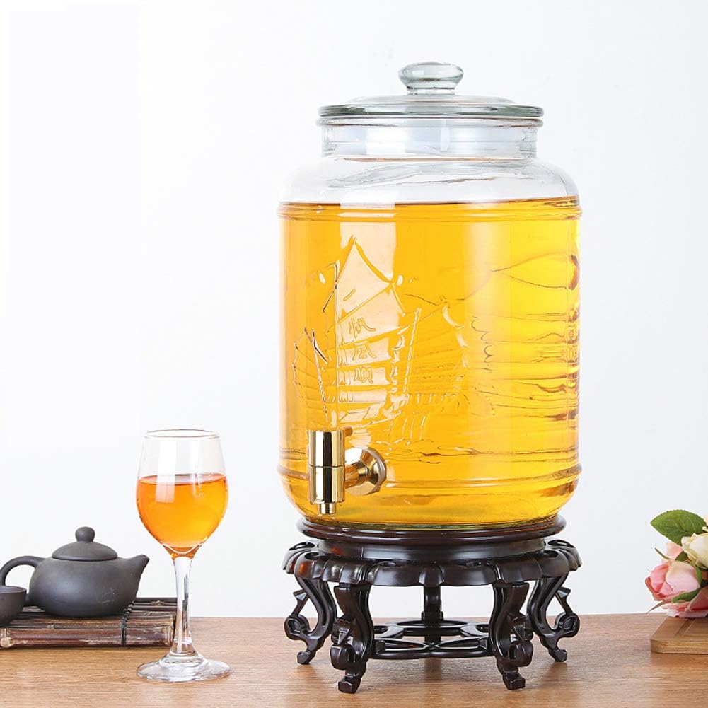 NZKW Glass Drinks Dispenser with Tap, 5/9/15/20L Drink Jar with Spigot, Lid and Wooden Stand for Hot Or Cold Beverages, Punch, Ice Water, for Parties,20LHighseat