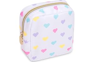 IZUZTA Nylon Mini Makeup Bag for Purse, Small Cute Makeup Bag Preppy Cosmetic Zipper Pouch Purse, Waterproof Travel Coin Pouch Sanitary Napkin Storage Bag Make Up Organizer Pouch for Women(White Heart)