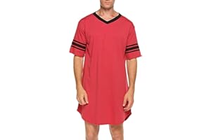 HEZIOWYUN Men's Nightwear, Cotton Nightshirt Comfy Big&Tall V Neck Short Sleeve Soft Loose Sleep Shirt