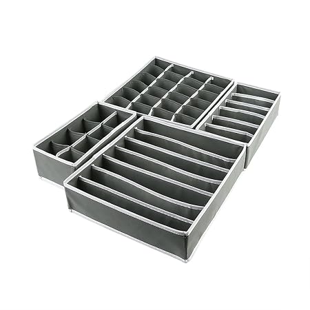 LAGUTE Aufbewahrungsboxen für Büstenhalter, Unterwäsche, Dessous und andere kleine Zubehörteile 4er Set (6+8+7+24 Zelle (Grau