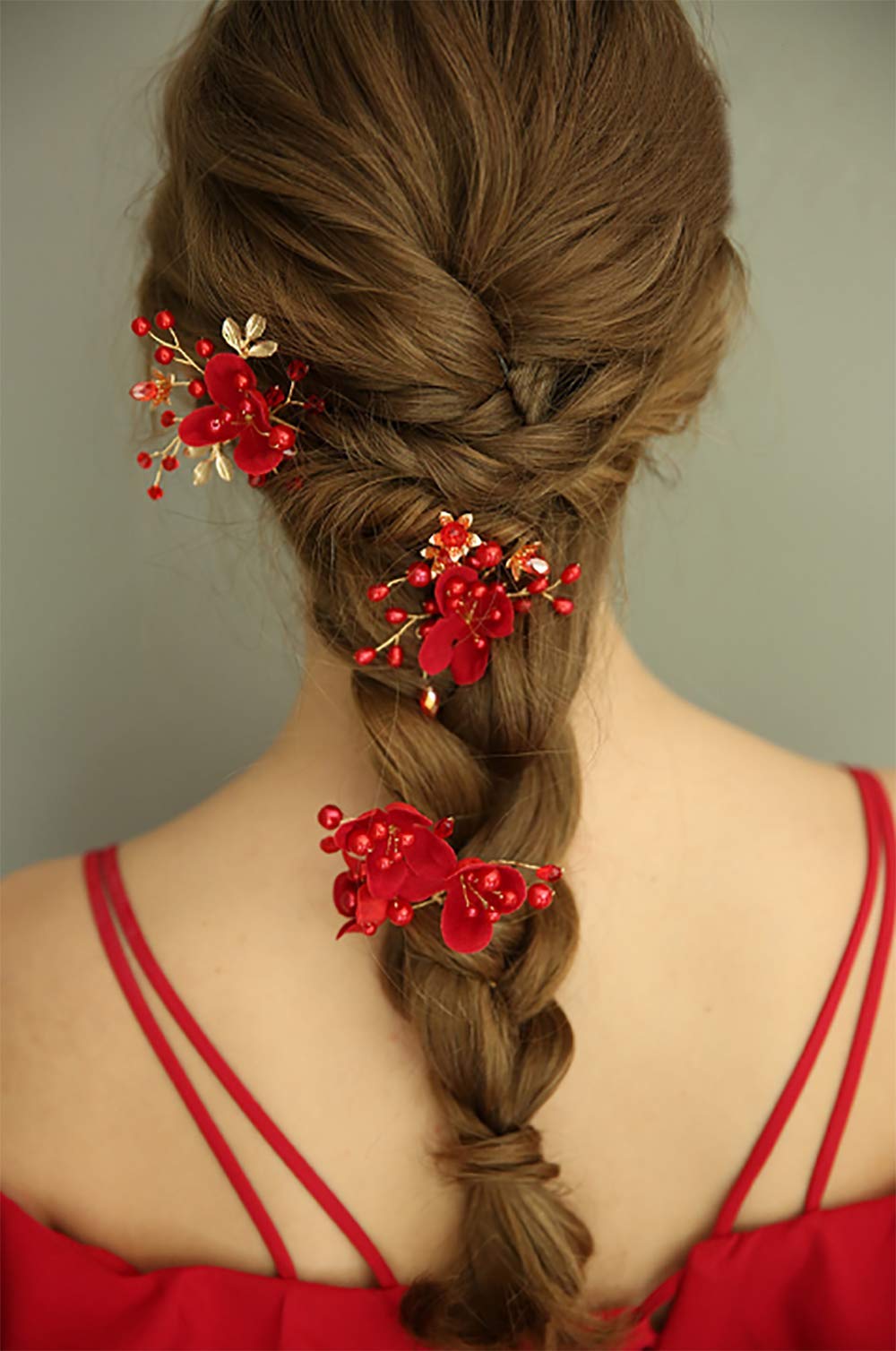 Chargances Set of 3pcs Red Hair Pins Bridal Flower Pearl Hair Pins Bridal Headpiece Crystal Hair Pin Wedding Hair Accessories Sparkle Boho Delicate Handmade Gold Jewelry Gift for Women and Girls