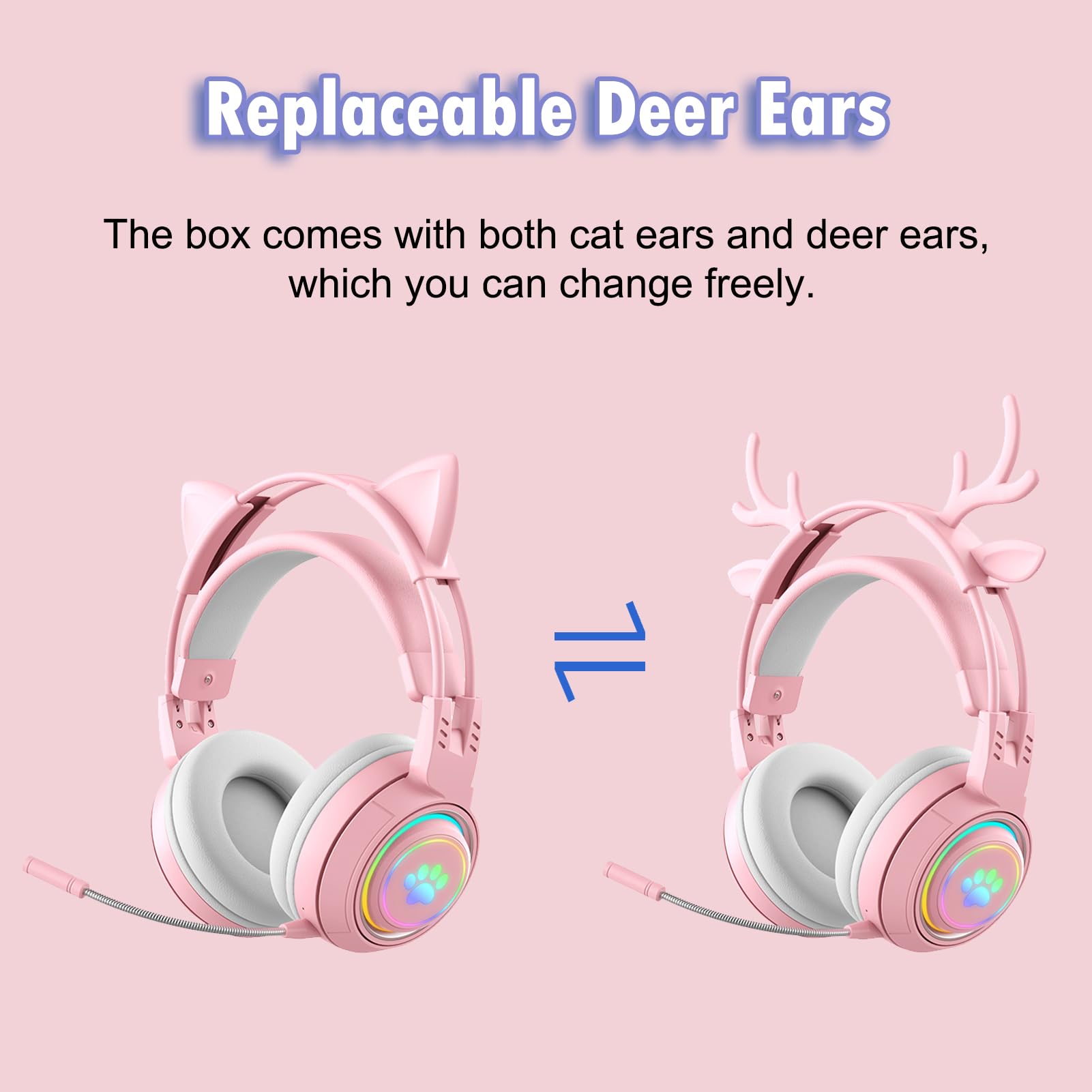 Lomiluskr RGB Cute Cat Ear Wireless Headset with Detachable Mic, Bluetooth/Wired Dual Mode Over Ear Headset, Interchangeable Cat and Deer Ears, Compatible with PC, Laptop, Tablet, Smartphone (Pink)