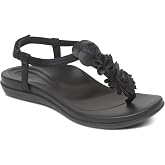 Aetrex Women's Charli Water-Friendly Orthopedic Leather Thong Sandals for Women - Arch Support Adjustable Floral Embellished Flat Sandals for Women w/Pressure Relief Design