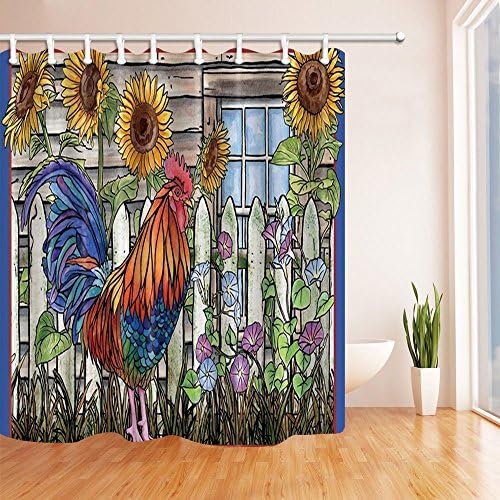 SZDR Shower Curtain of Painted Sunflowers and Roosters,Waterproof and Mouldproof Bath Curtain+12 Hooks,69X84 Inch,Most Perfect Bathroom Decoration (Color7)