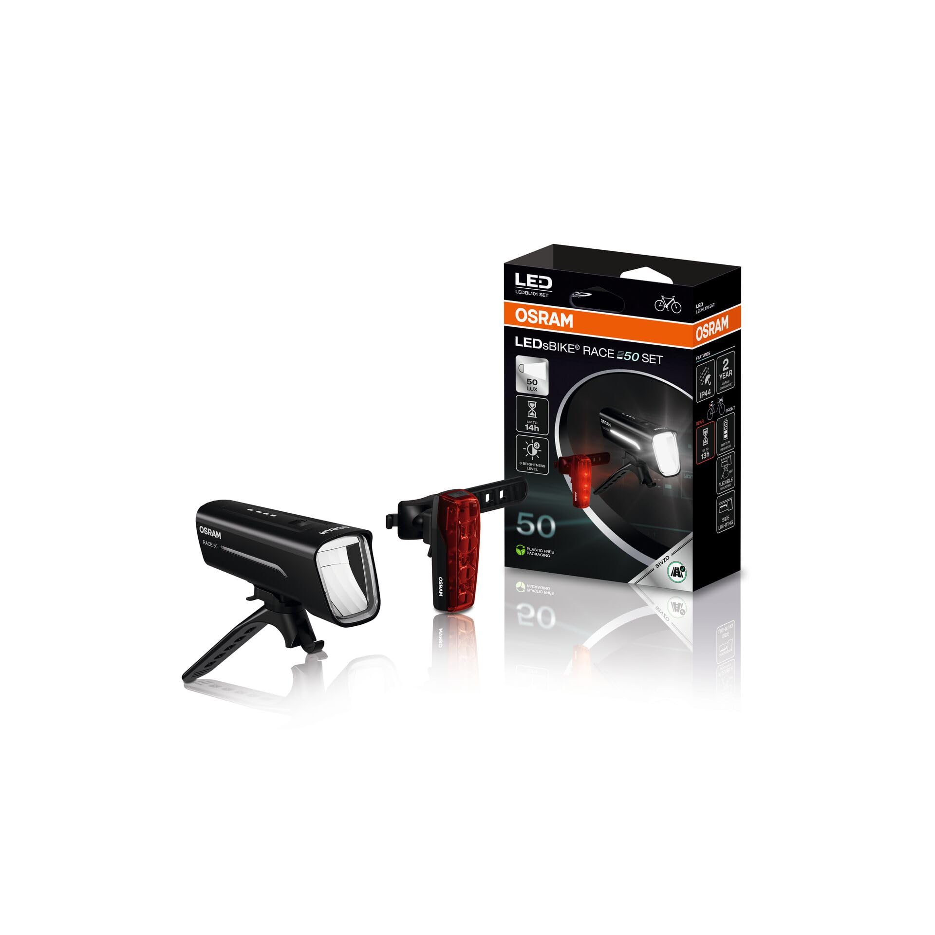OSRAM LEDsBIKE RACE 50 SET, rechargeable bike light set, StVZO approved front and rear LED light set, three brightness levels, 50 lux