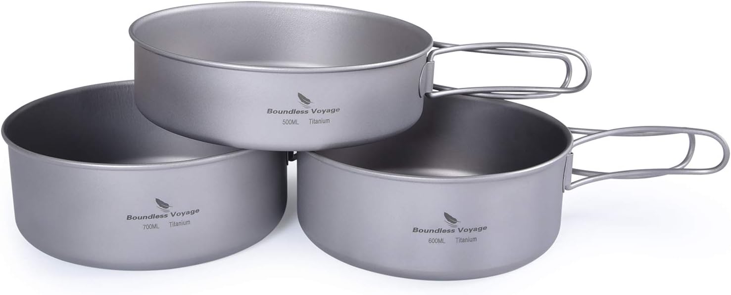 iBasingo Camping Titanium Pot Pan Set with Spoon Spork Mini Camp Stove Outdoor Kitchen Cooking Kit Sets with Folding Handle Ultralight Cookware Portable Dinnerware for Picnic Travel Hiking