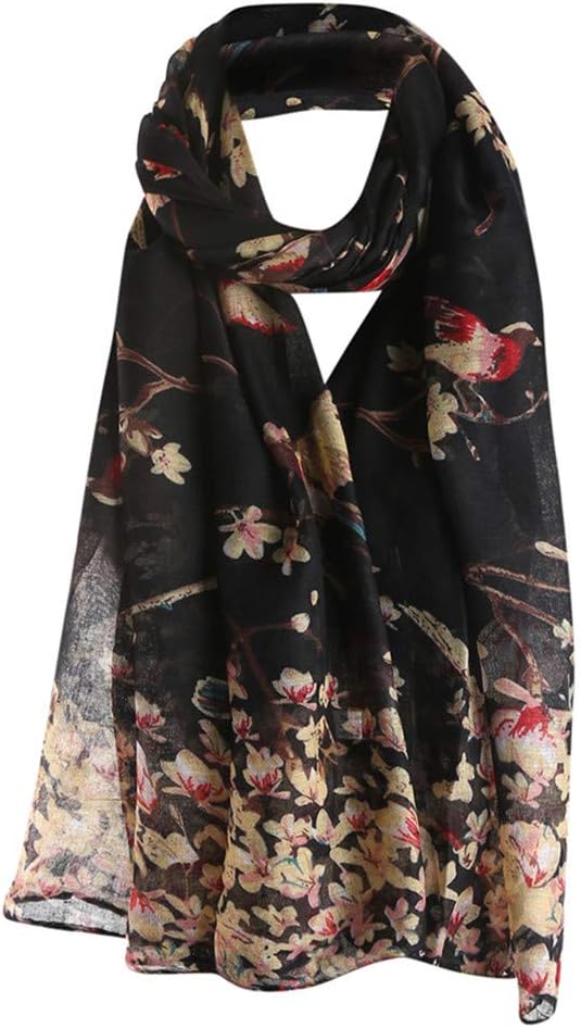 Women Long Shawl Warm Wrap Scarf, Shawl Floral Bird Pattern Printed Silk Fashion Elegant Soft Ladies Girls Party Scarves (180 * 90CM, Black)