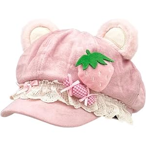 Y2K Cutecore Kawaii Beret Hat Women Strawberry Cake Cat Ears Cap Sweet Suede Newsboy 2000s Clothes Accessories
