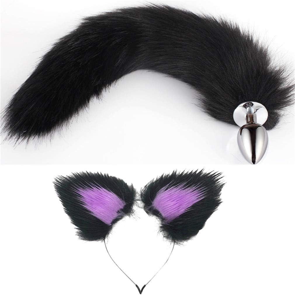 Cat Ears Headband & Black Three Sizes Fluffy Faux Fox Tail Charms Role Play Costume Party Cosplay Prop (Black-Purple, S)