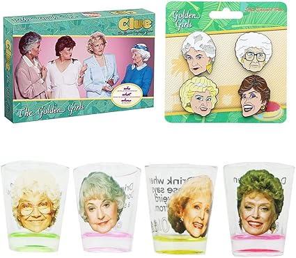 Amazon Com Just Funky The Golden Girls Clue Board Game Shot Glass 4 Pack And Enamel Pins Bundle Toys Games