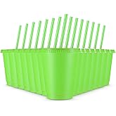 Rtteri 15 Pcs Reusable Cups with Straws and Lids 16 oz Glitter Tumblers Plastic Party Favor Cups with Lids Travel Mug Tumbler for Valentine's Day Party Iced Beverage Water(Green)