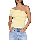Milumia Women's Asymmetrical Crop Top Y2K Off The Shoulder Ruched Sleeveless Going Out Tops