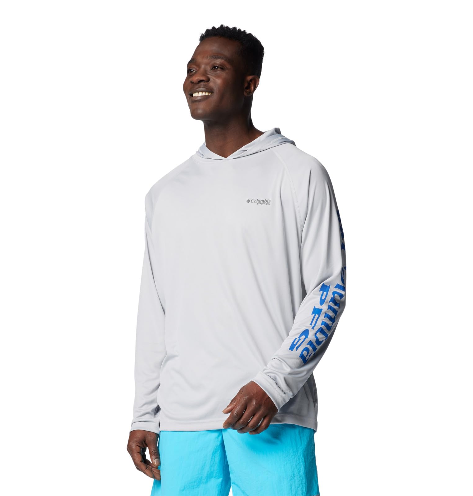 Columbia Mens PFG Terminal Tackle Long Sleeve Fishing Hoodie, Cool Grey/Vivid Blue Logo, 6X