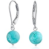 Simple Basic Gemstone Round 8MM Bead Ball Drop Dangle Earrings For Women Teen Secure Hinge Lever back .925 Sterling Silver Birthstones More Colors