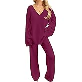 NORACORA Womens 2 Piece Fuzzy Fleece Lounge Sets Long Sleeve V Neck Pajama Set Fluffy Pjs Matching Loungewear