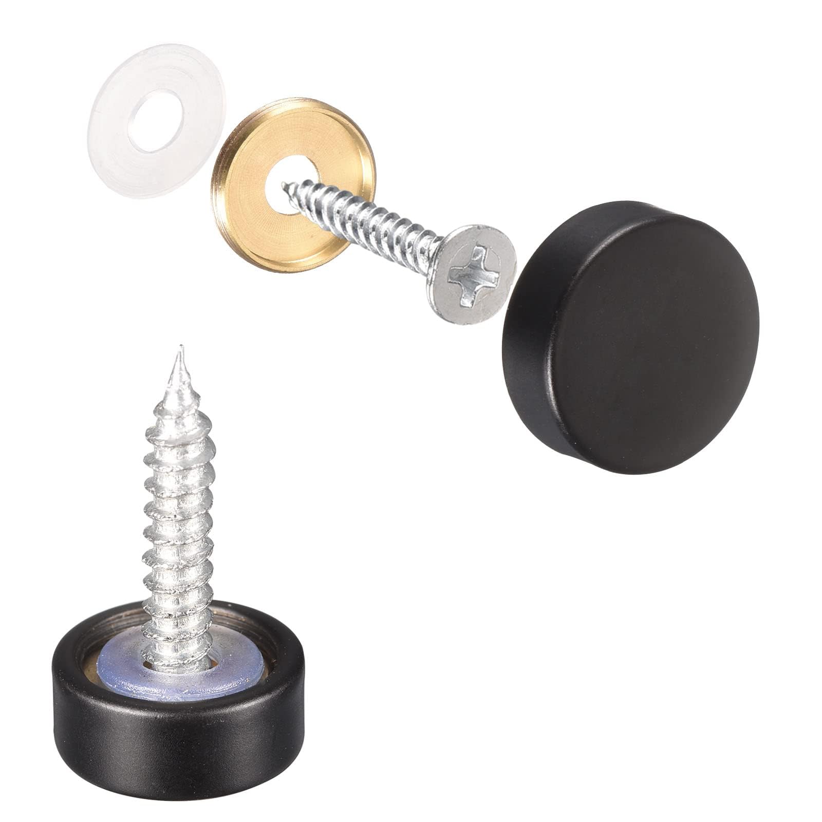 TOP-VIGOR 6Pcs Mirror Screws, 12mm brass Mirror Screws Cap Nail with Washers, Decorative Cap Covers Polished Mirror Nails for Mirrors, Furniture Fittings, Tables, Wardrobes, Glass, Black