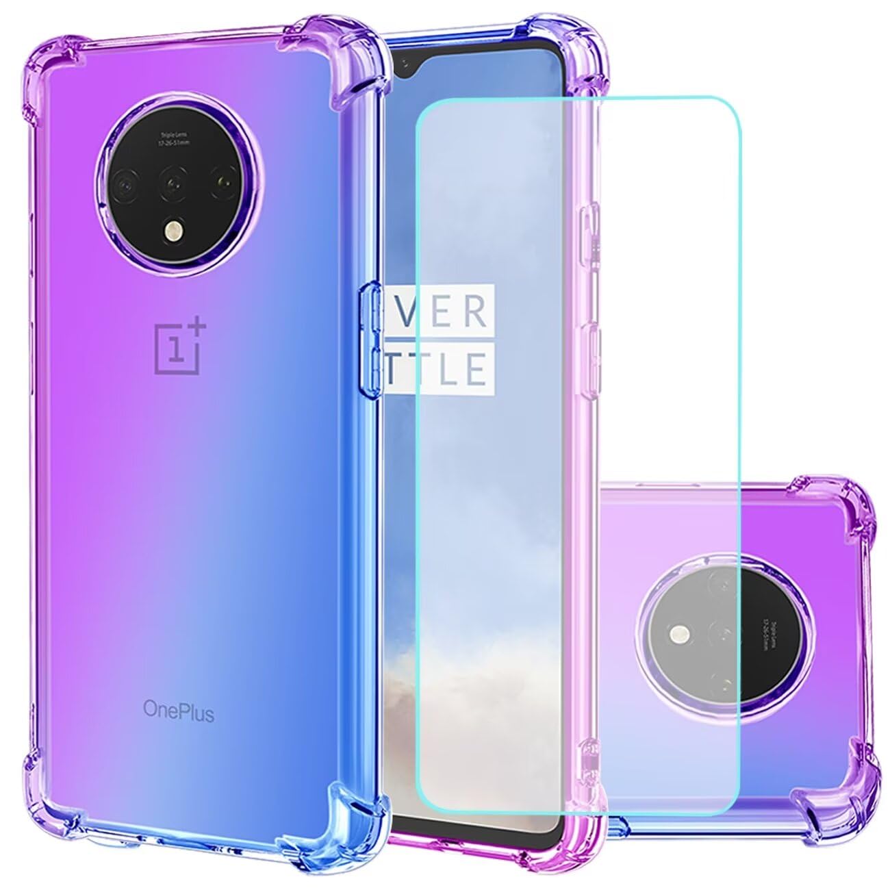 Jhxtech for OnePlus 7T Case with Tempered Glass Screen Protector, Clear Gradient Case Slim Anti Scratch TPU Cover Shockproof Protective Case for OnePlus 7T (Purple/Blue)