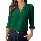 EVALESS Women's 3/4 Sleeve Tops Dressy Casual Pleated V Neck Business Work Blouses Office Shirts