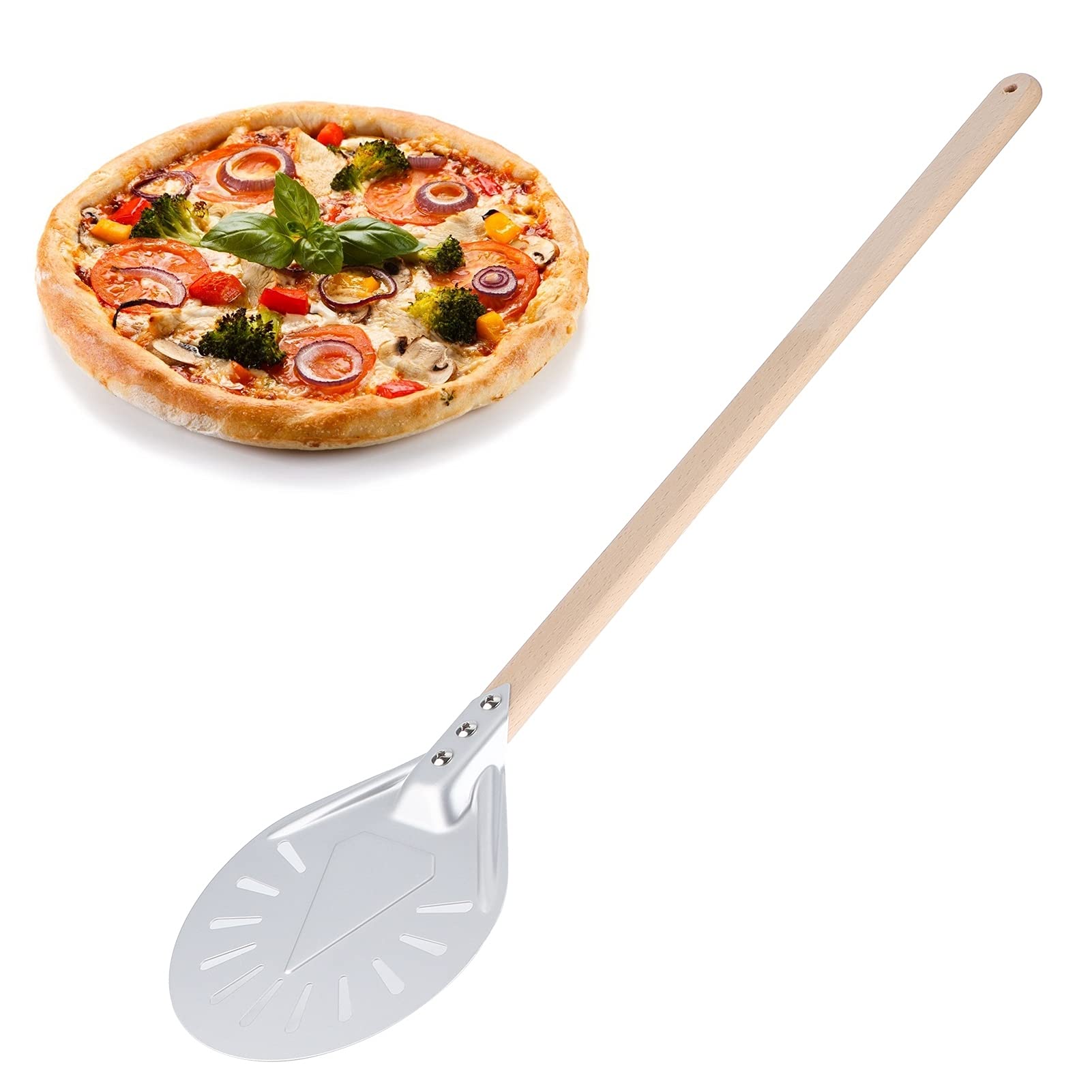 Jeanoko Long Handle Perforated Aluminium Pizza Paddle, Pizza Shovel with 60cm Removable Wood Handle Nonslip Round Pizza Spatula Pizza Turning Peel(7-inch)