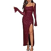KUTUMAI Women's Sexy Long Sleeve Sequin Maxi Dress Halter Side Split Ruched Bodycon Formal Cocktail Party Dresses